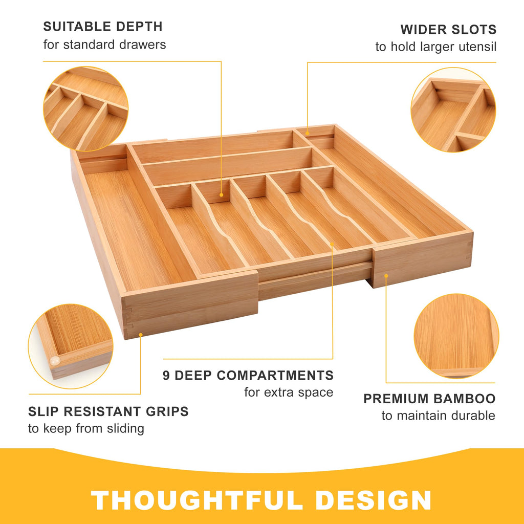 Expandable Acacia Kitchen Drawer Organizer for Cutlery and Utensils, Adjustable Acacia Wood Cutlery Tray in Drawer for Flatware and Silverware in Kitchen
