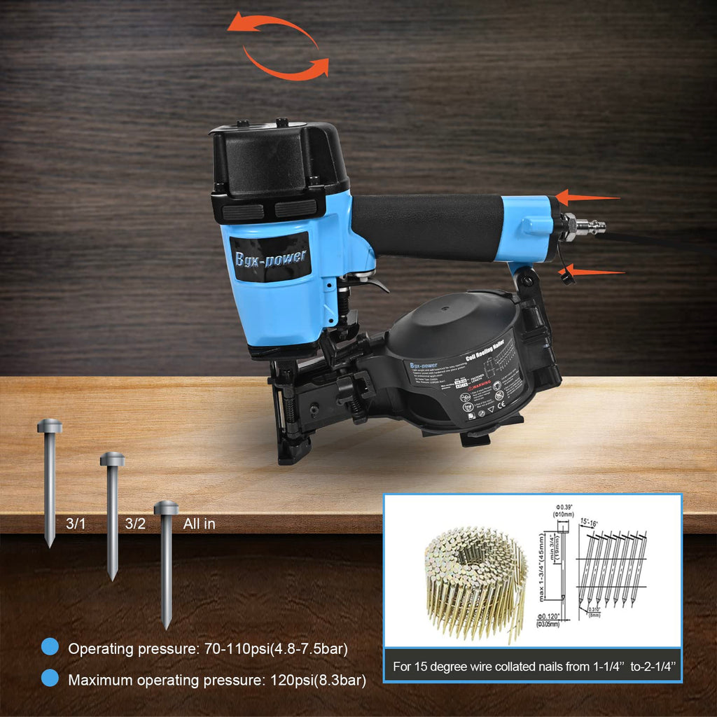 Honduras Style Roofing Nail Gun, 15 Degree CN45N Roofing Nailer 3/4-Inch to 1-3/4-Inch Coil Nails, 120-pcs Load Capacity Coil Nailer