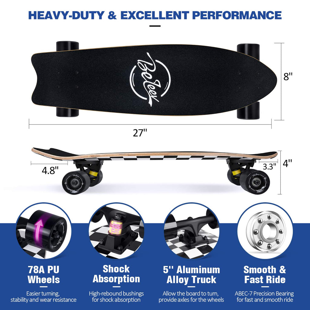 BELEEV Cruiser Skateboards for Beginners, 27 x 8 inch Complete Skateboard for Kids Teens Adults, 7 Ply Canadian Maple Double Kick Deck Concave Skateboard with Skate T-Tool
