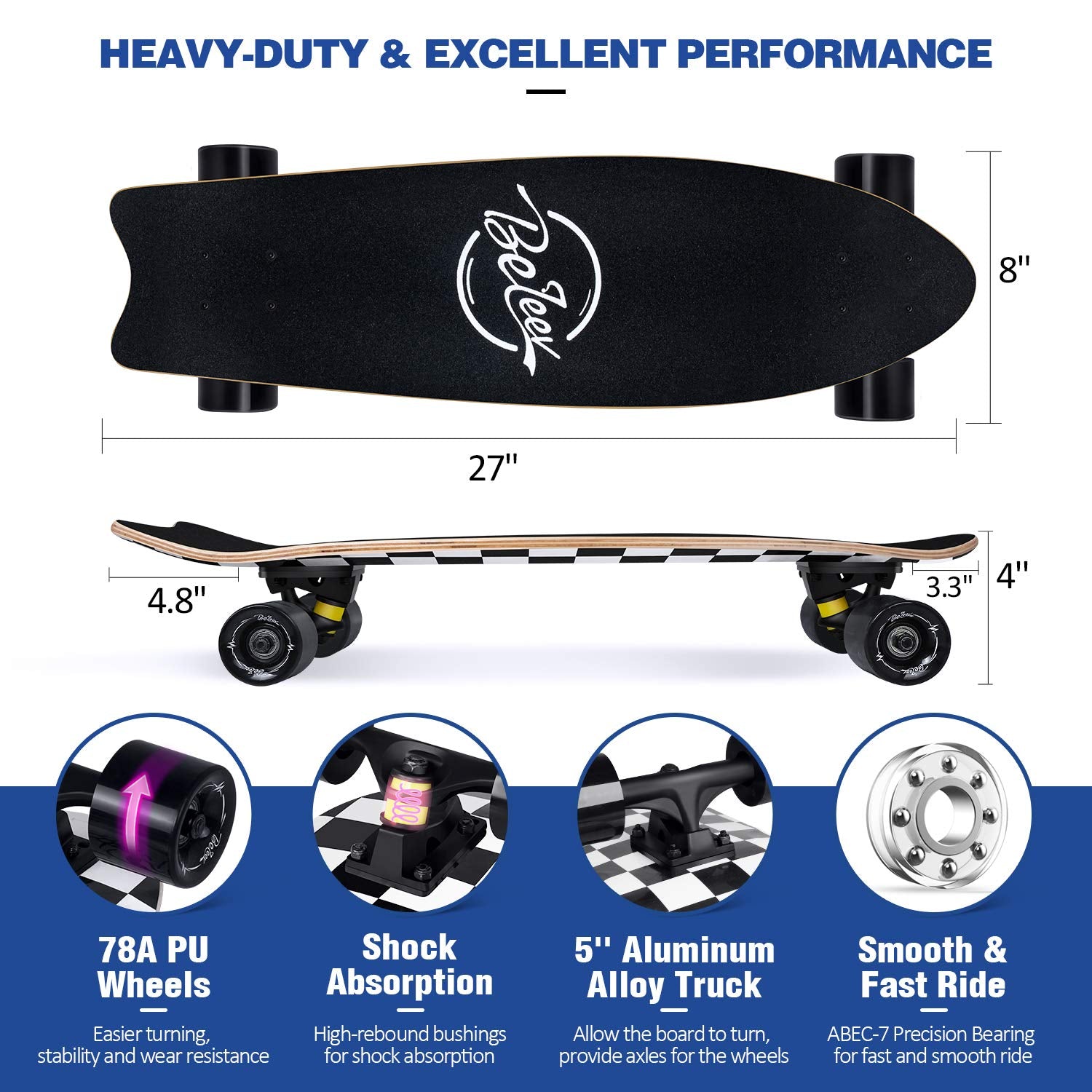 BELEEV Cruiser Skateboards for Beginners, 27 x 8 inch Complete Skateboard for Kids Teens Adults, 7 Ply Canadian Maple Double Kick Deck Concave Skateboard with Skate T-Tool