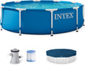 INTEX Metal Frame 10ft x 30in Round Above Ground Outdoor Swimming Pool Set with 330 GPH Filter Pump, Cartridge, and Protective Round Pool Cover