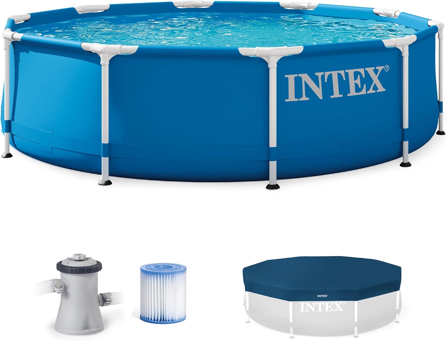 INTEX Metal Frame 10ft x 30in Round Above Ground Outdoor Swimming Pool Set with 330 GPH Filter Pump, Cartridge, and Protective Round Pool Cover