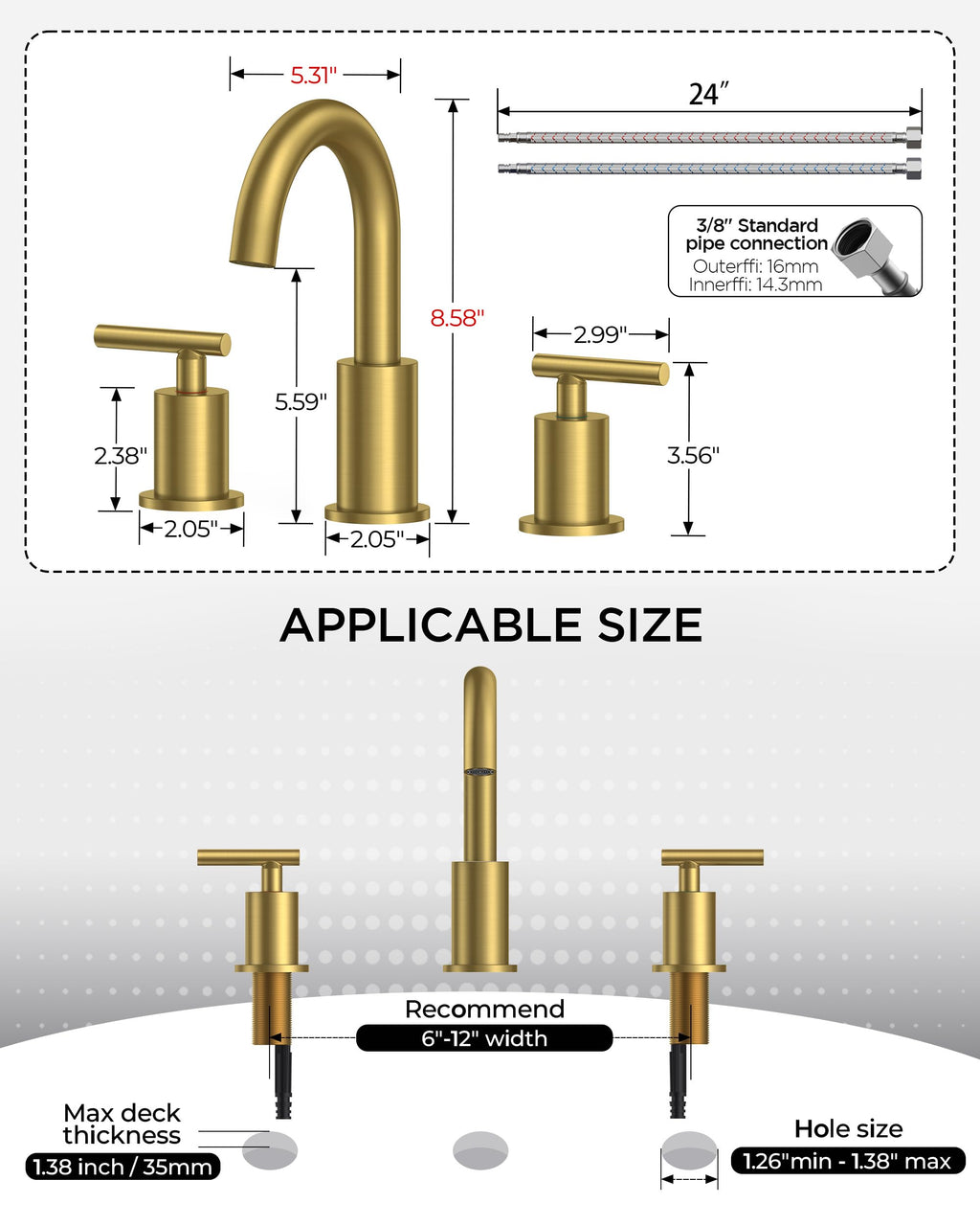 FORIOUS 4" Brushed Gold Bathroom Faucet Centerset 4 Inch, 2 Handle 2 Hole Gold Faucets for Bathroom Vanity wtih Metal Pop Up Dain, CUPC Supply Hose, High Arc Swivel Spout