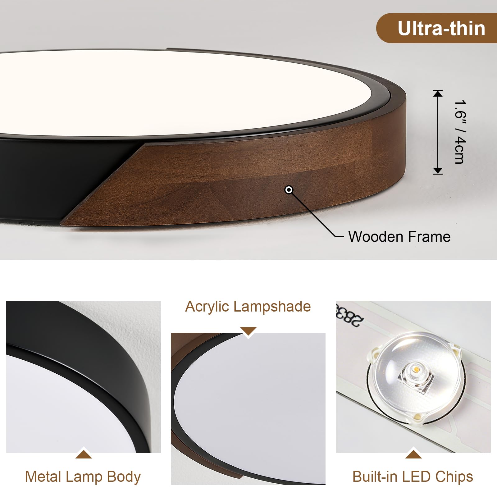 Modern LED Ceiling Light, Minimalist Wood Dimmable Flush Mount Ceiling Light Fixture, Round 5CCT Lighting Lamp with Acrylic Lampshade for Bedroom Hallway Kitchen Laundry, Black 11.8"