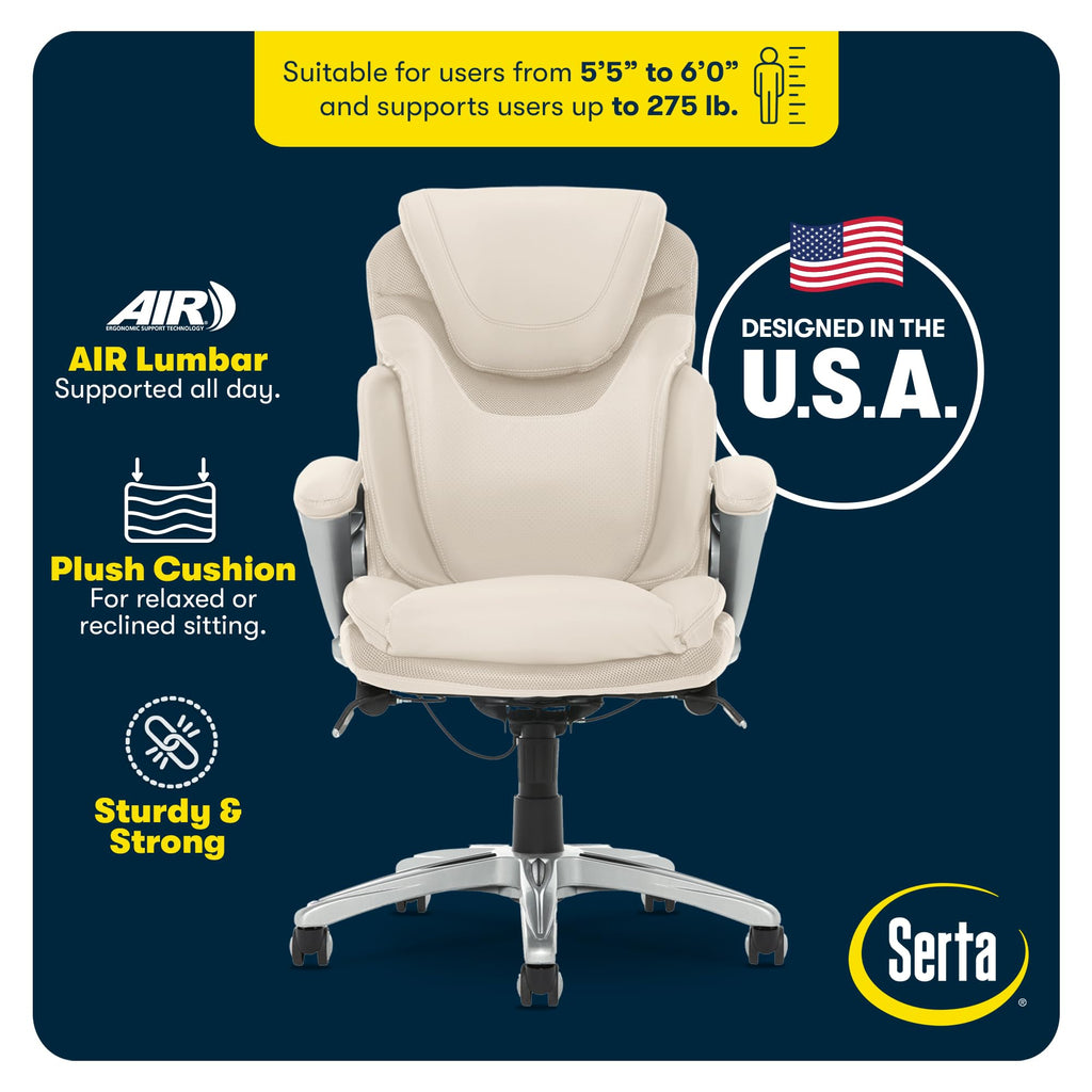 Serta Bryce Executive Office Chair - Ergonomic Computer DeskChair with Lumbar Technology - Adjustable Height - Memory Foam Body Pillows - 360° Swivel Rolling Base - Bonded Leather - Black