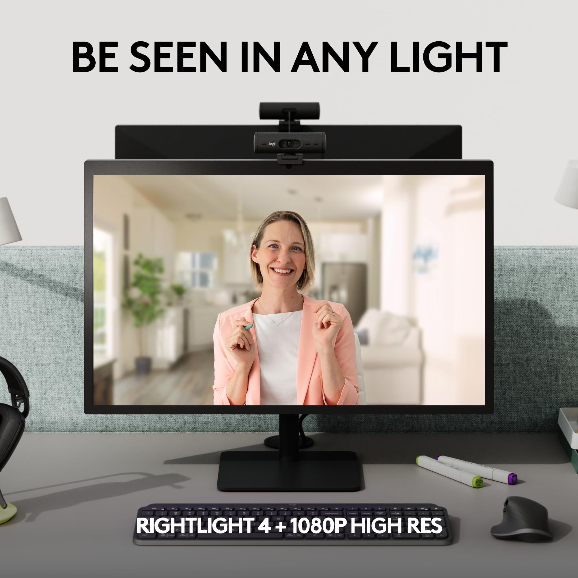 Logitech Brio 505 Full HD 1080p Webcam with auto Light Correction, framing, Dual Noise Reduction mics, Privacy Shutter - Works with Teams, Meet, Zoom, TAA Compliant.