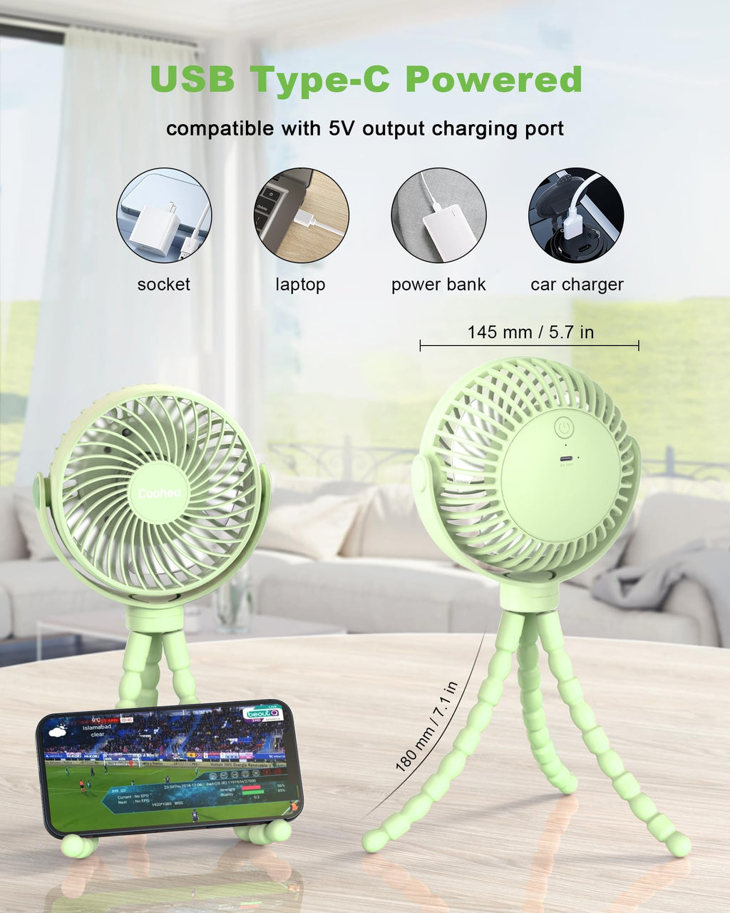 Coohea Stroller Fan Clip on for Baby, 4000mAh Rechargeable Battery Operated, Flexible Tripod, 3 Wind Speed, 360° Rotatable, Small Cooling Portable Fan for Car Seat Crib Golf Cart Bike Treadmill, Black