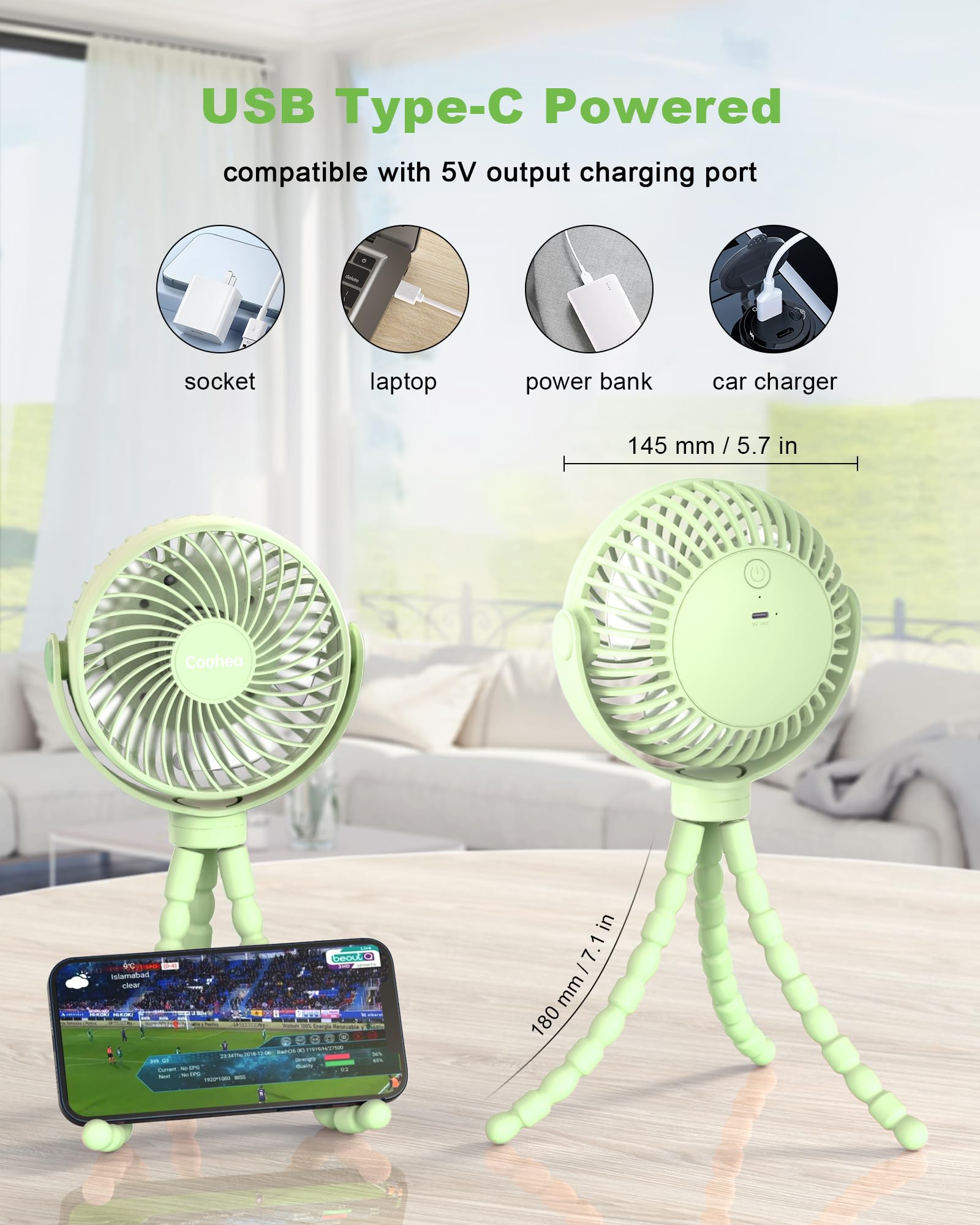 Coohea Stroller Fan Clip on for Baby, 4000mAh Rechargeable Battery Operated, Flexible Tripod, 3 Wind Speed, 360° Rotatable, Small Cooling Portable Fan for Car Seat Crib Golf Cart Bike Treadmill, Black
