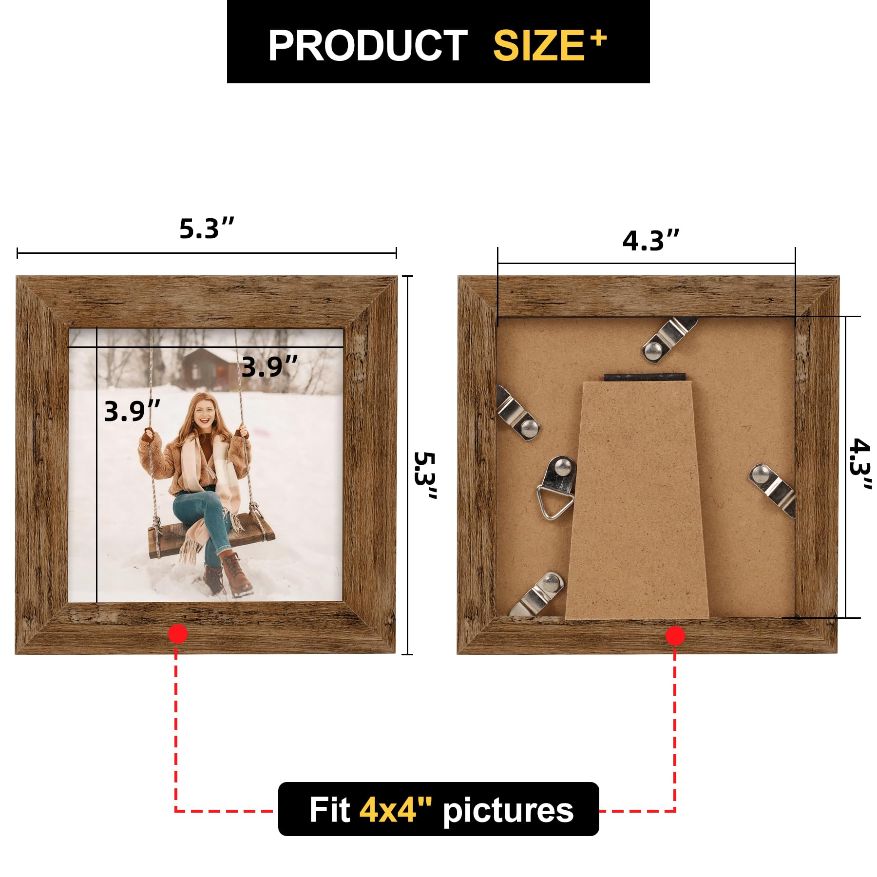 TOFOREVO Picture Frames 4x4 Set of 2 Black Wood Grain Photo Frame for Gallery Wall Mounting or Tabletop Display