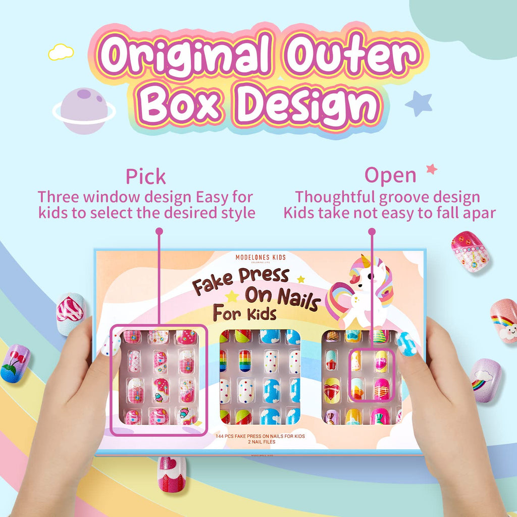 Modelones Press on Nails for Kids 144Pcs 6 Pack Children Acrylic Fake Nails Pre-glue Full Cover Glitter Gradient Color Heart Cat Short False Nail Art Kits Sets Christmas Gifts for Kids Girls