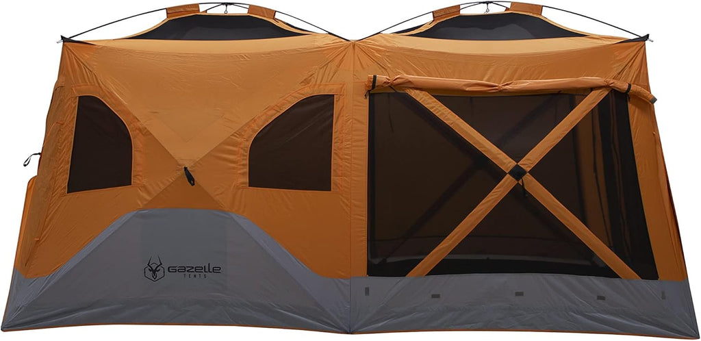 Gazelle T4 Plus Extra Large 4 to 8 Person Portable Pop Up Outdoor Shelter Camping Hub Tent with Rain Fly & Extended Screened in Sun Room, Orange