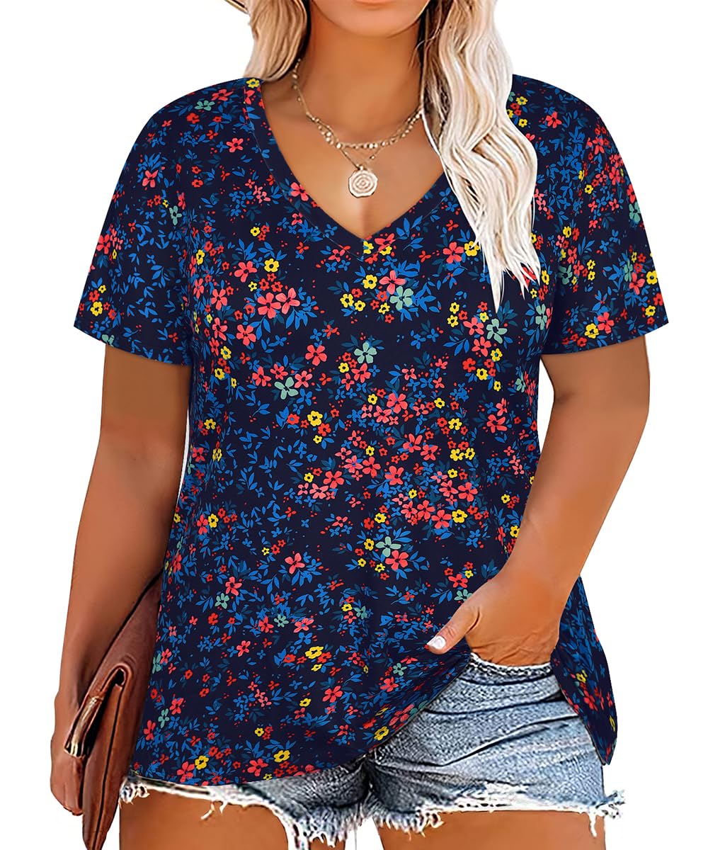CARCOS Womens Plus Size Tops Short Sleeve Shirts V Neck Tunic Floral/Aniaml Blouses XL-5X
