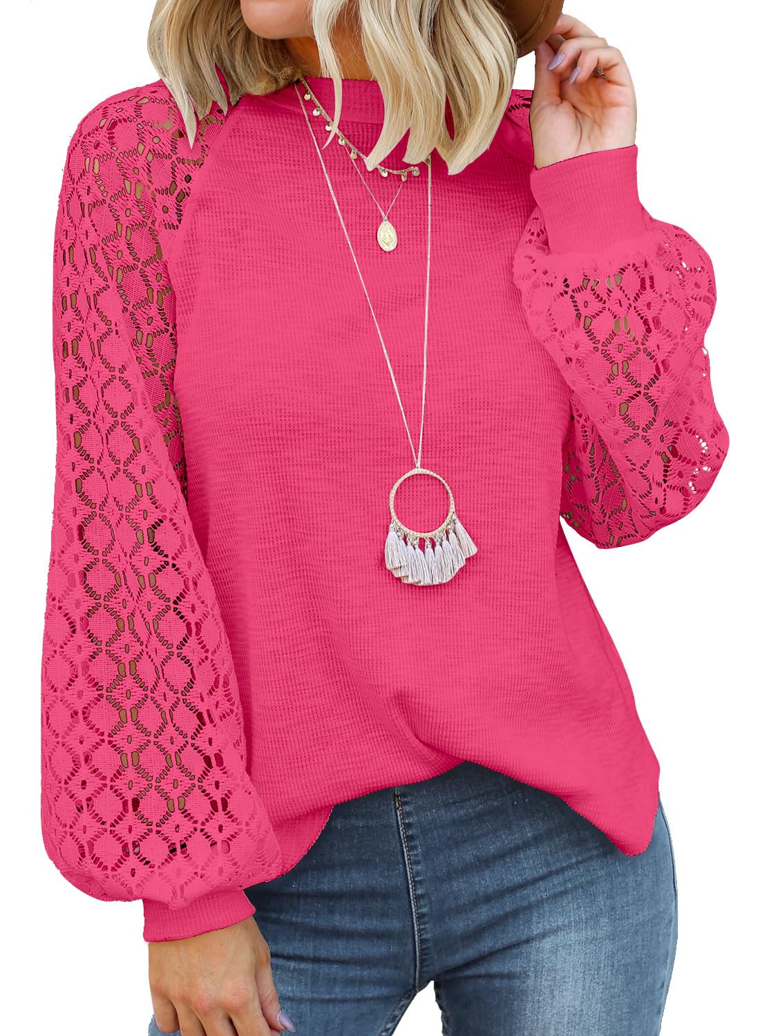 MIHOLL Women's Long Sleeve Tops Lace Casual Loose Blouses Shirts Dressy Outfits