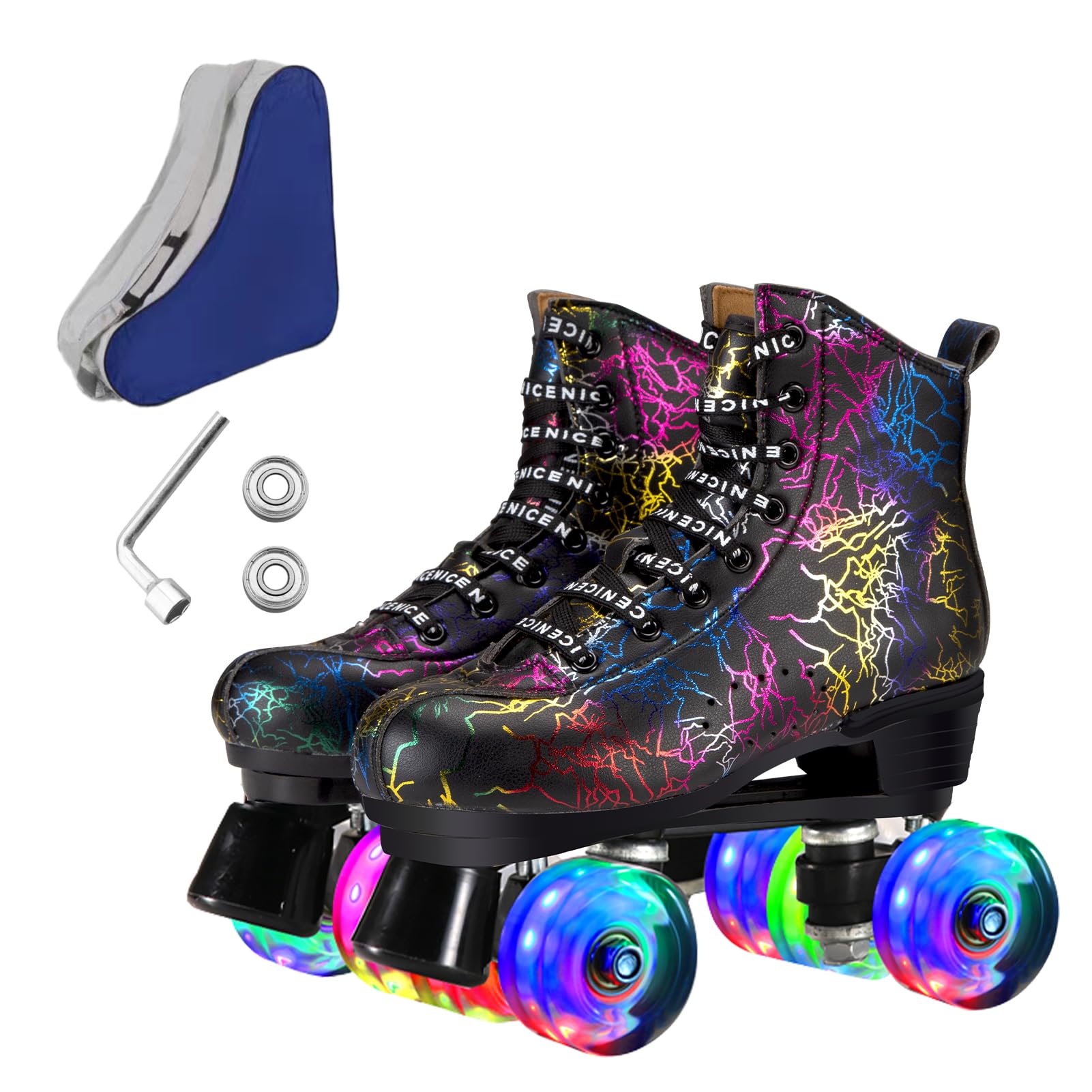 Roller Skates for Men and Women, Black Derby Roller Skates with 4 Shiny Wheel, Classic Double-Row Roller Skates for Indoor and Outdoor