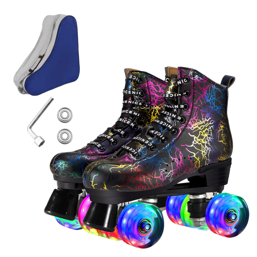 Roller Skates for Men and Women, Black Derby Roller Skates with 4 Shiny Wheel, Classic Double-Row Roller Skates for Indoor and Outdoor