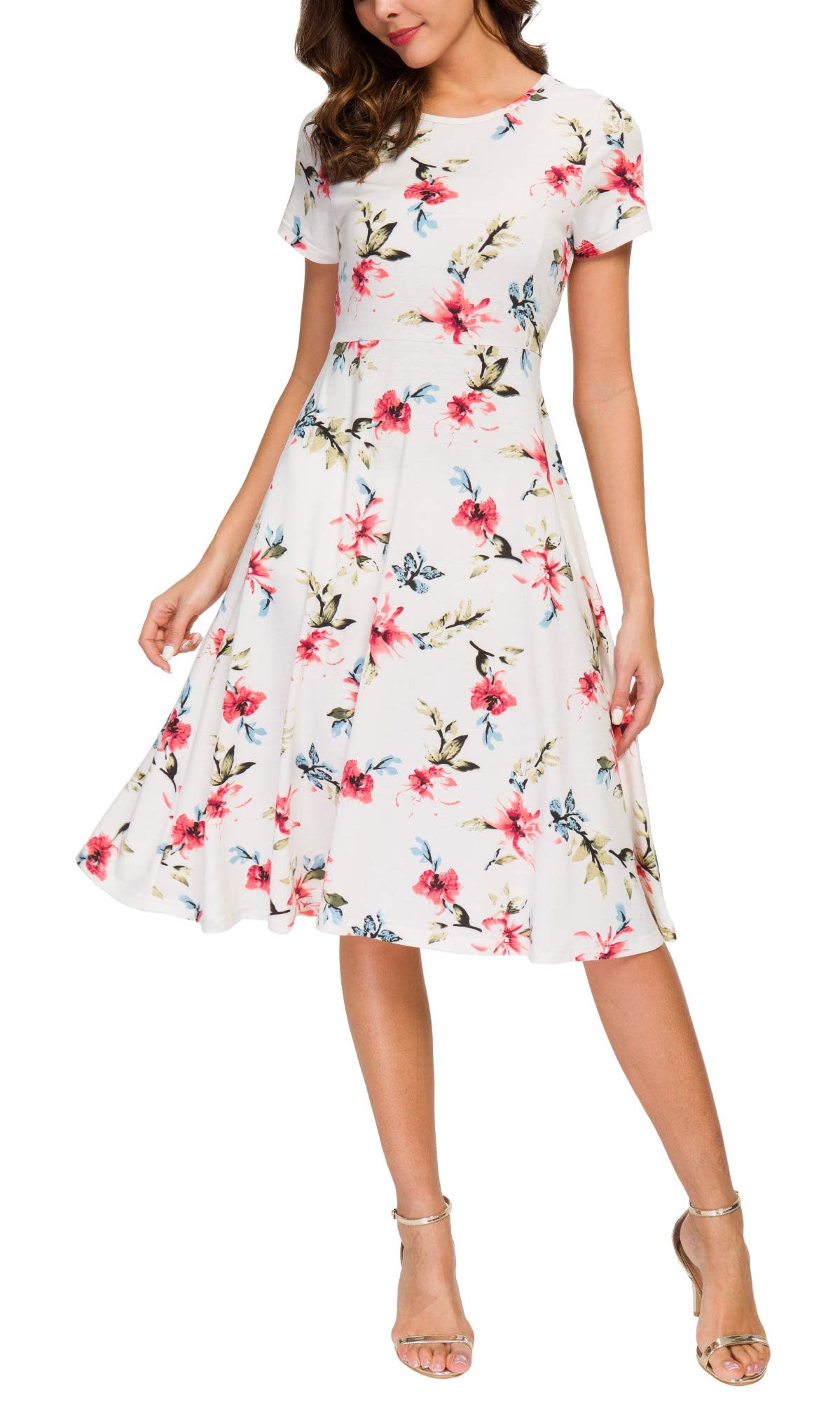 Urban CoCo Women's Vintage Short Sleeve High Waist Flared Midi Casual Summer Dress