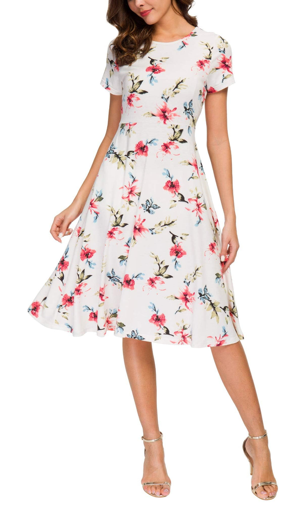 Urban CoCo Women's Vintage Short Sleeve High Waist Flared Midi Casual Summer Dress