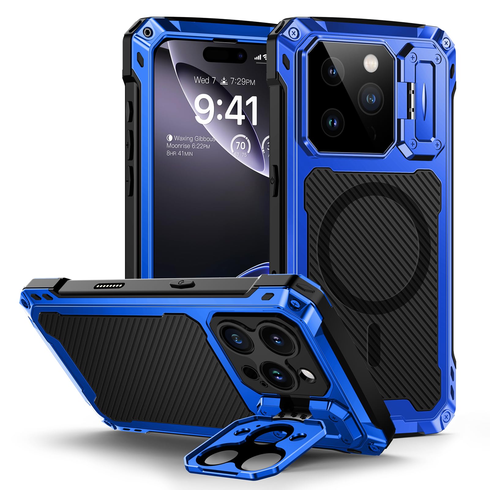 Lanhiem for iPhone 16 Metal Case with Camera Cover & Stand [Compatible with MagSafe] [Built-in Kickstand] [Military-Grade Protection] Heavy Duty Rugged Magnetic Phone Case, Black