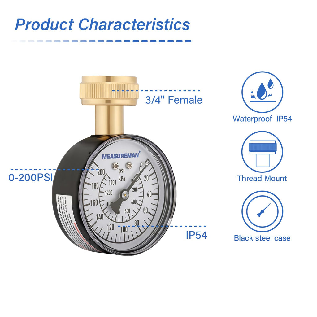 MEASUREMAN 2" Water Pressure Test Gauge, 3/4" Female Hose Thread, 0-200 psi/kpa with Maximum Pressure Memory (Pack of 2)