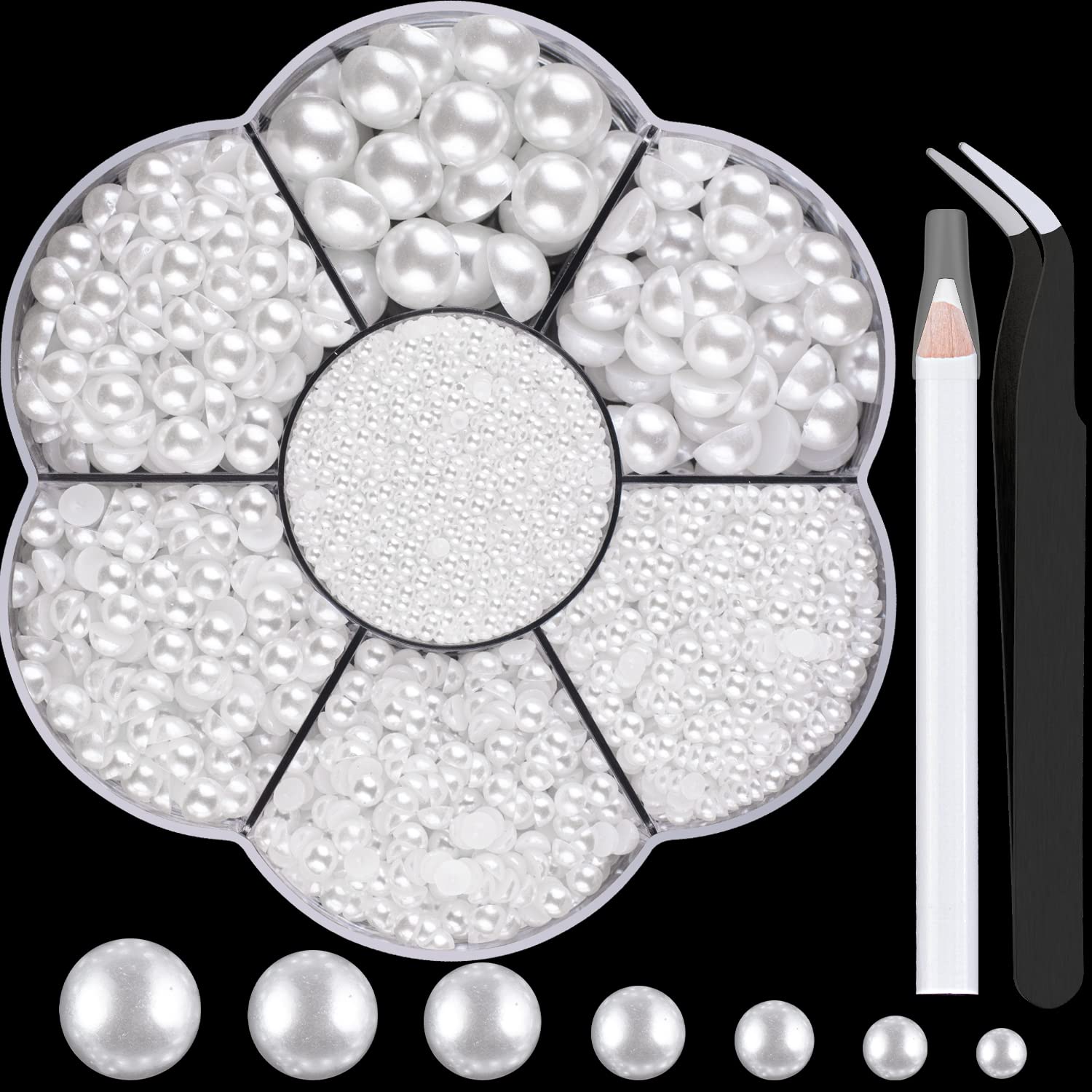 BELLEBOOST 5600pcs ABS Round Flat Back Beige Pearls Kit with Pickup Tools for Nail Art, Face, Body Decorations