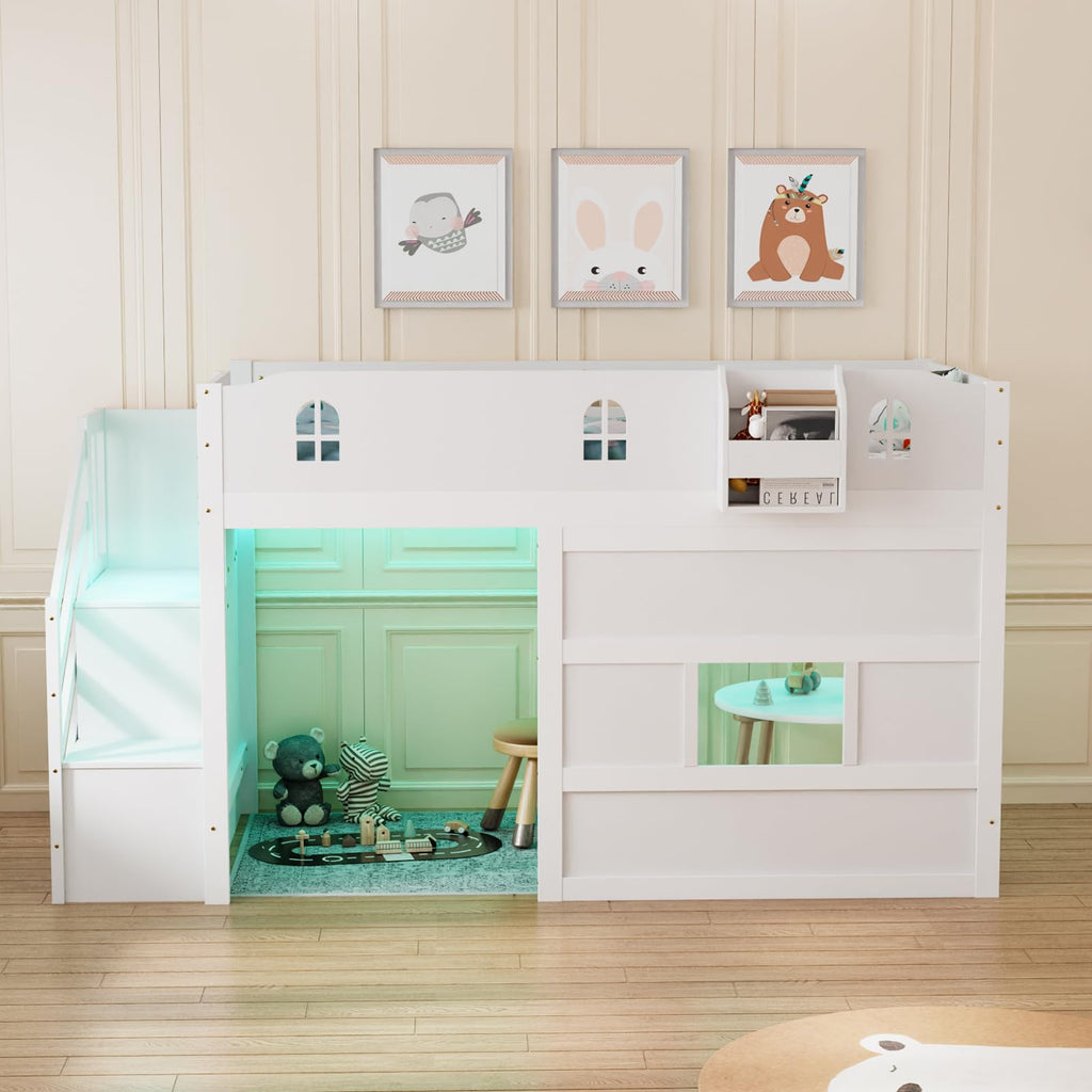 JOYMOR Low Loft Bed Twin Size with LED Lights, 4 Storage Shelves, Removable Curtain, Kids Wood Loft Bed with 15" H Safety Guardrail, Spave Saving, Mattress Not Included (Gray)