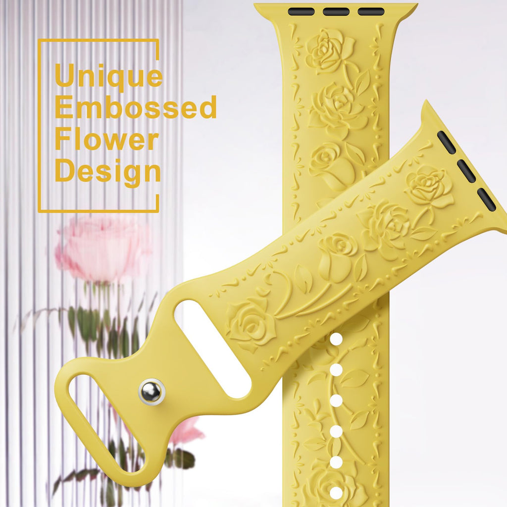 Floral Engraved Band Compatible with Apple Watch Band 40mm 41mm 38mm 42mm 44mm 45mm 46mm 49mm Women, Soft Silicone Cute Embossed Flower Strap for iWatch Band Series SE Ultra 11 10 9 8 7 6 5 4 3 2 1