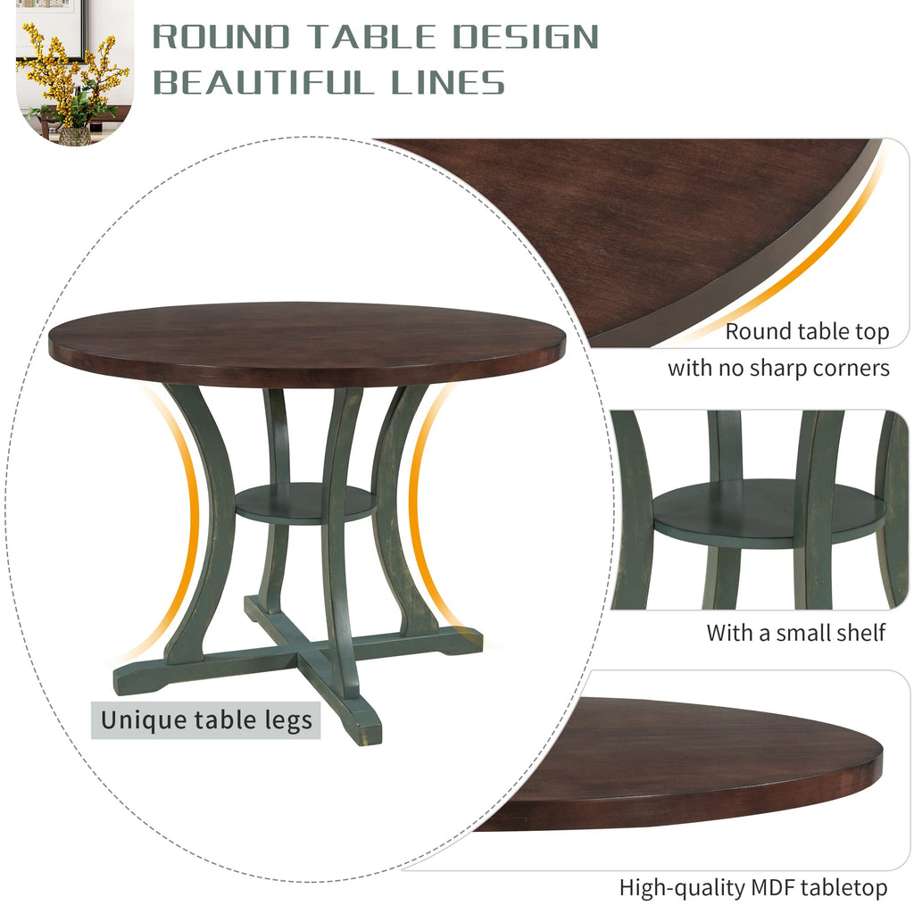 LUMISOL 5-Piece Dining Table Set for 4, Farmhouse Round Kitchen Table Set with Special Shaped Legs and 4 Upholstered Chairs for Kitchen, Dining Room, Small Space, Antique Blue