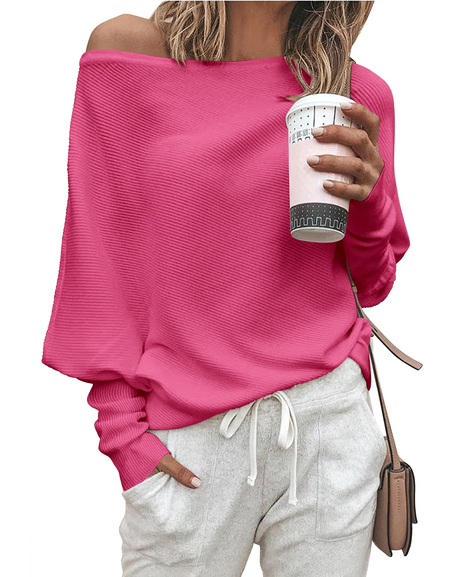 Zenlonr Women's Fall Sweaters 2026 Casual Long Batwing Sleeve Loose Off Shoulder Knit Pullovers Jumper Tops
