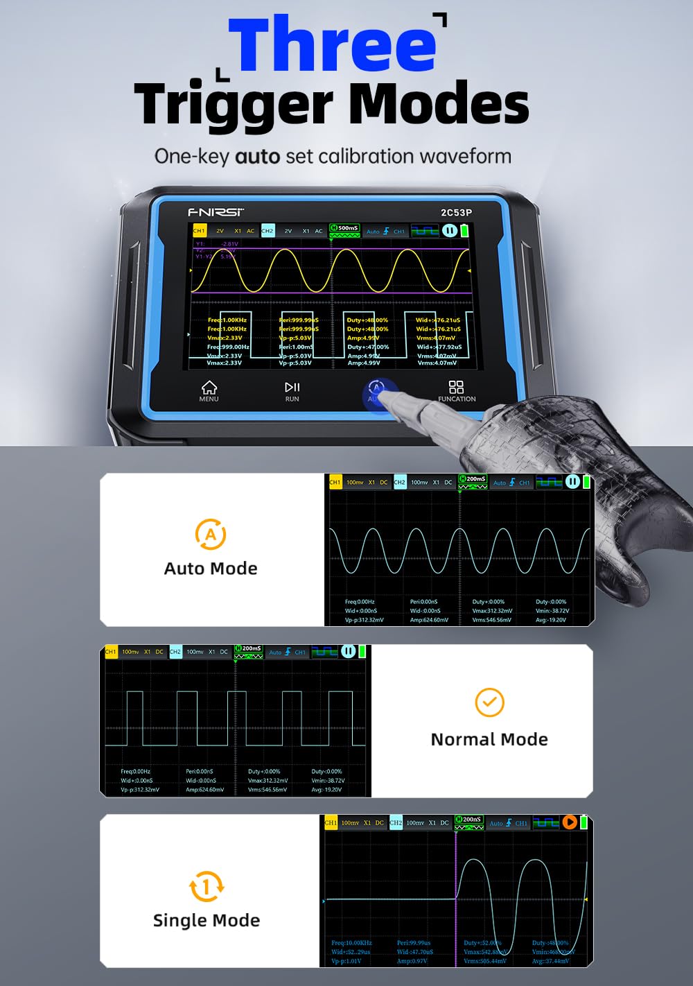 【FNRSI 2C53P Plus Upgraded with Carrying CASE】 3in1 Oscilloscope/Multimeter/DDS Signal Generator Tablet Touch Screen Portable Digital Automotive Oscilloscope 2 Channel 50MHz Bandwidth 250Ms/S Counts