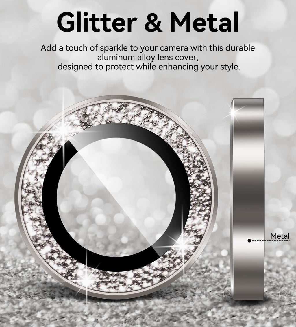 Matekxy Glitter Camera-Lens Protector for iPhone-16 Pro-Max - 16 Pro Anti-Scratch Tempered Glass with Aluminum Edging, Cute Girly Metal Individual Bling Ring Cover for Women, Black Titanium