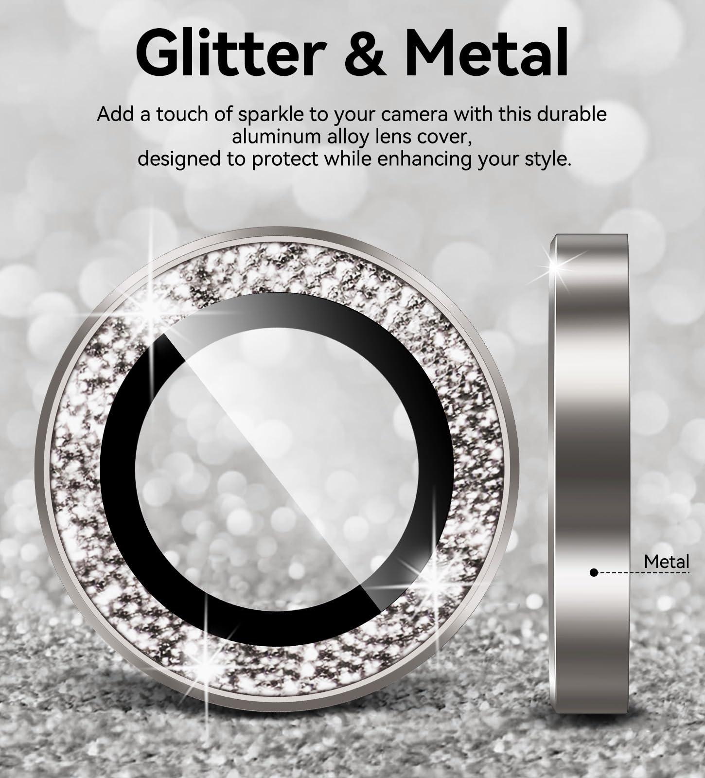 Matekxy Glitter Camera-Lens Protector for iPhone-16 Pro-Max - 16 Pro Anti-Scratch Tempered Glass with Aluminum Edging, Cute Girly Metal Individual Bling Ring Cover for Women, Black Titanium