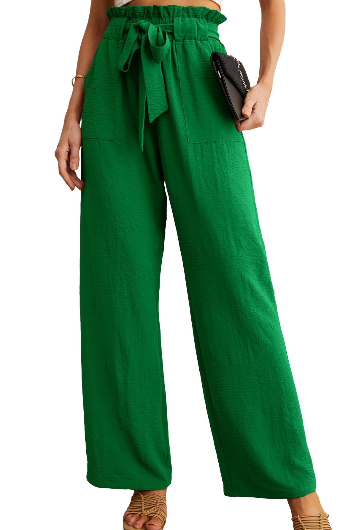 IWOLLENCE Women High Waist Palazzo Pants, Adjustable Knot Ankle Wide Leg Trousers Pockets Beach Vacation Lounge Office