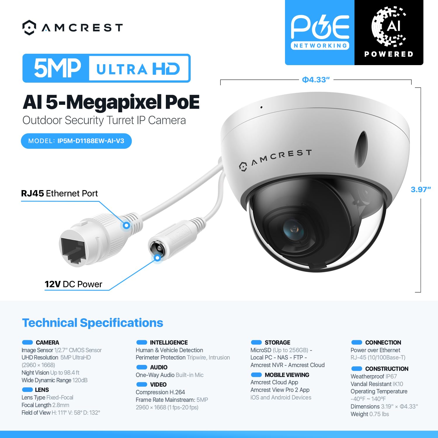 Amcrest 5MP POE Camera, Outdoor Vandal Dome Security POE IP Camera, 5-Megapixel, 98ft NightVision, 2.8mm Lens, IP67, IK10 Resistance, MicroSD 256GB (Sold Separately), Cloud, NVR (IP5M-D1188EW-AI-V3)