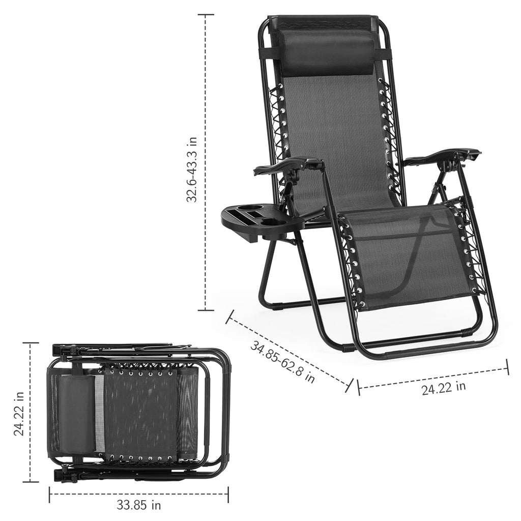 Sweetcrispy Zero Gravity Chairs, Set of 4 Portable Recliner Beach Camping Patio Outdoor Folding Lounge Chair with Cup Holder Trays and Adjustable Pillow for Poolside, Garden, Backyard, Lawn, Black