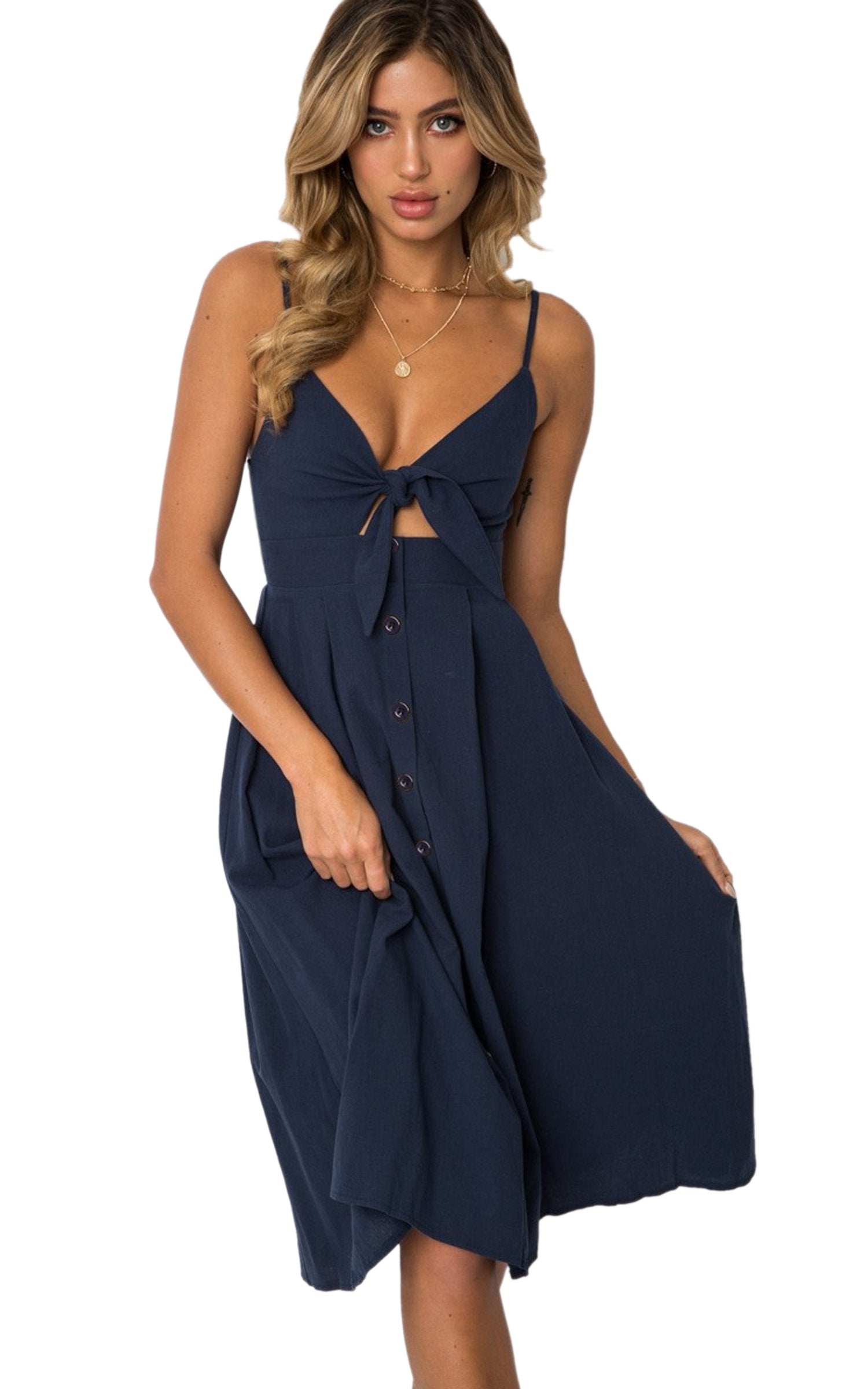 ECOWISH Women 2026 Summer Dresses Tie Front V-Neck Spaghetti Strap Button Down A-Line Backless Swing Midi Dress