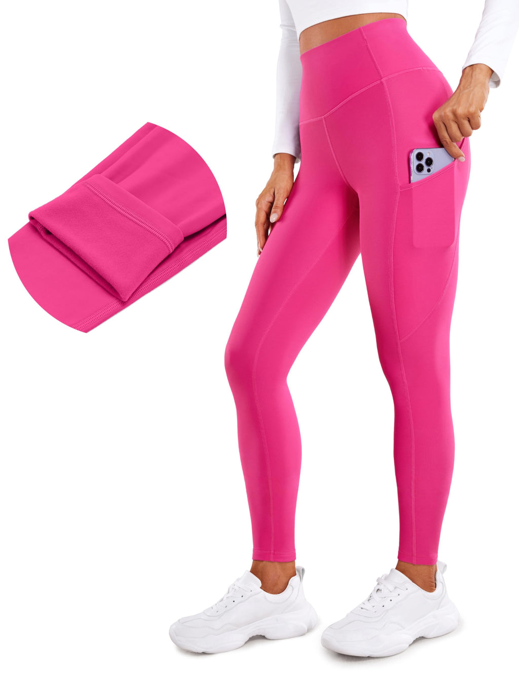 CRZ YOGA Fleece Lined Leggings Pockets 28'' - Thermal Casual Lounge Workout Womens Yoga Full Length Pants Winter Warm