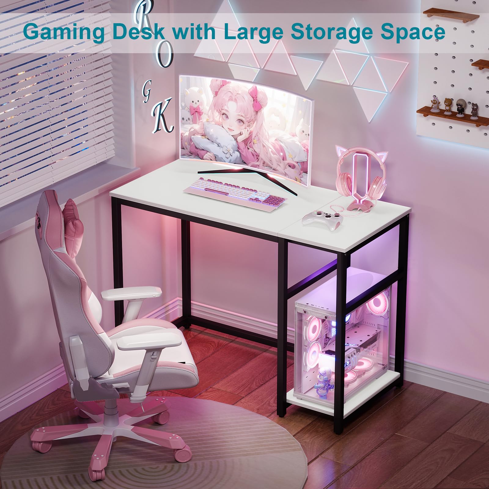 SINPAID 40 Inch Small Gaming Desk with Shelves for Small Spaces, Easy Assembly Study Desk, Sturdy Writing Desk for Bedroom & Home Office, Black