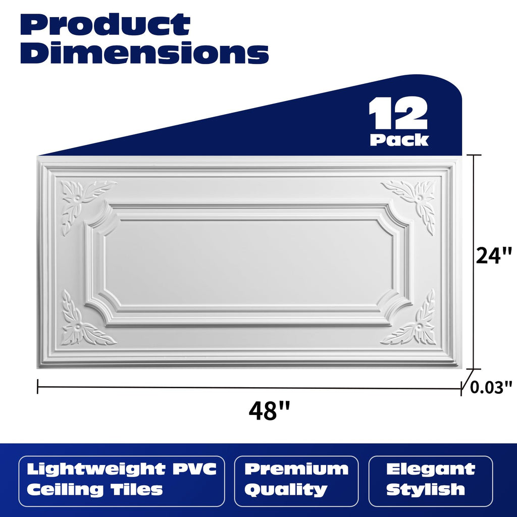 Art3dwallpanels 12 Pack Drop Ceiling Tiles, 2x4 Ft PVC Decorative 3D Wall Panel, Glue Up Ceiling Covering Panels for Basement Kitchen Bathroom, 24x48 Inch, Cover 96 Sq. Ft, White