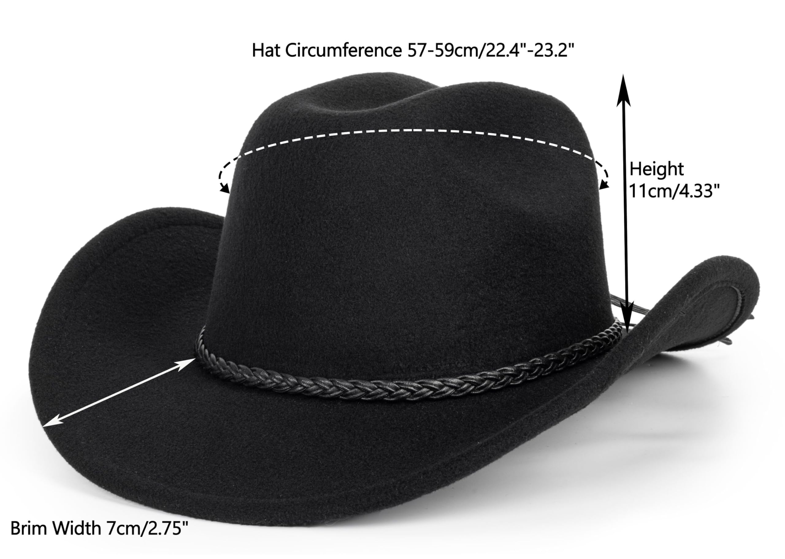 Vintage Western Cowboy Hat for Men Women - Wide Brim Cowgirl Fedora Hats with Braided Rope Band M
