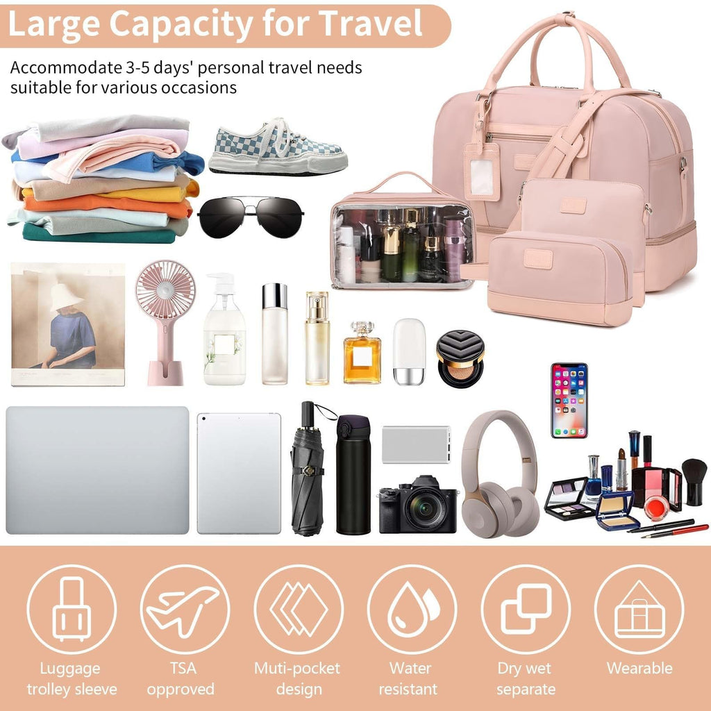 Wogarl 4PCS Weekender Bags for Women Large Overnight Weekend Travel Duffel Carry on Shoulder with Shoe Compartment Canvas Toiletry Bag for Travel Business Gym