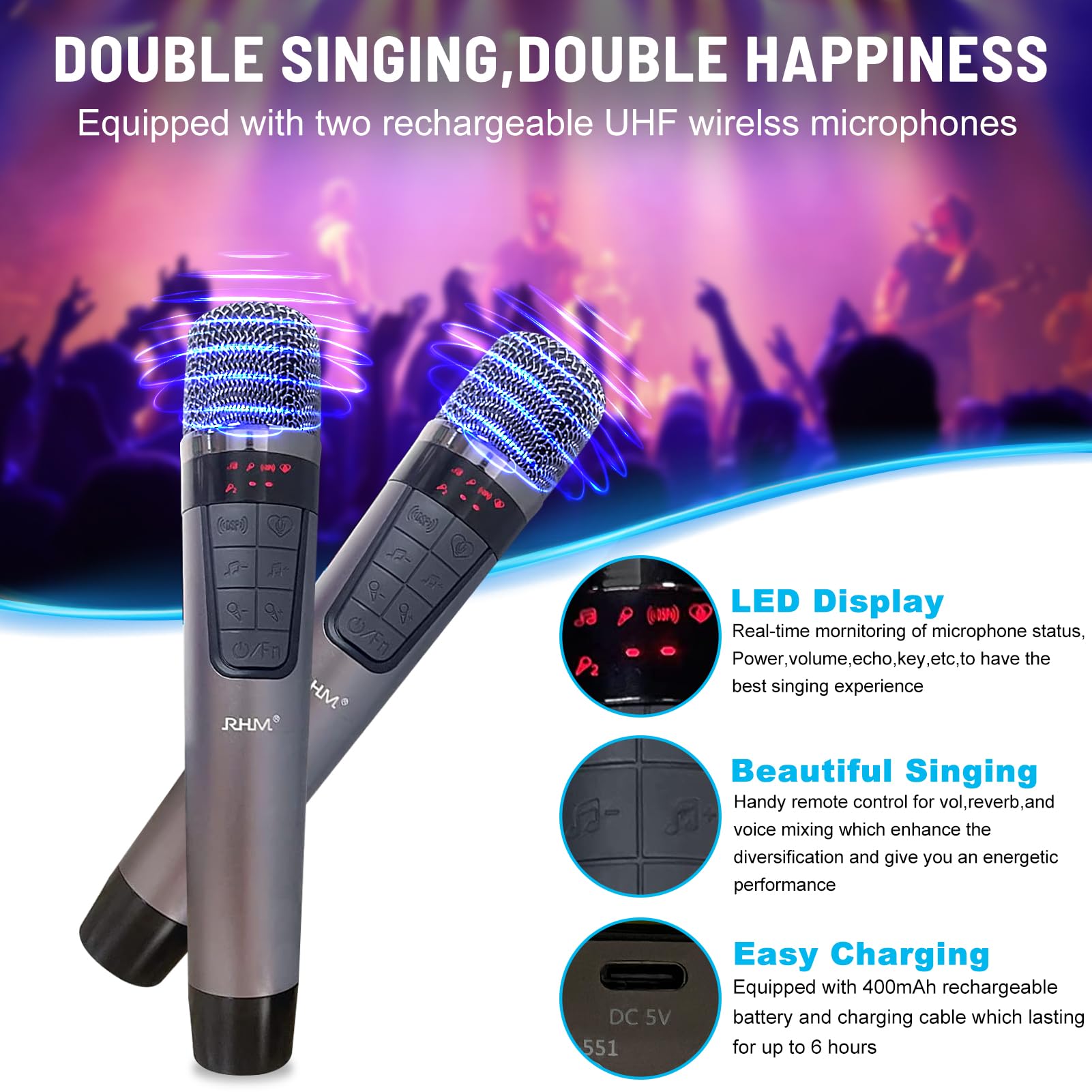 RHM K222 Karaoke Machine for Smart TV with Optical Input–Ultra-Low Latency, 3-Mic Support, 90FT Range, 70W Rich Stereo Sound, Voice Beautifier, Bluetooth/RCA, Perfect for Family Parties