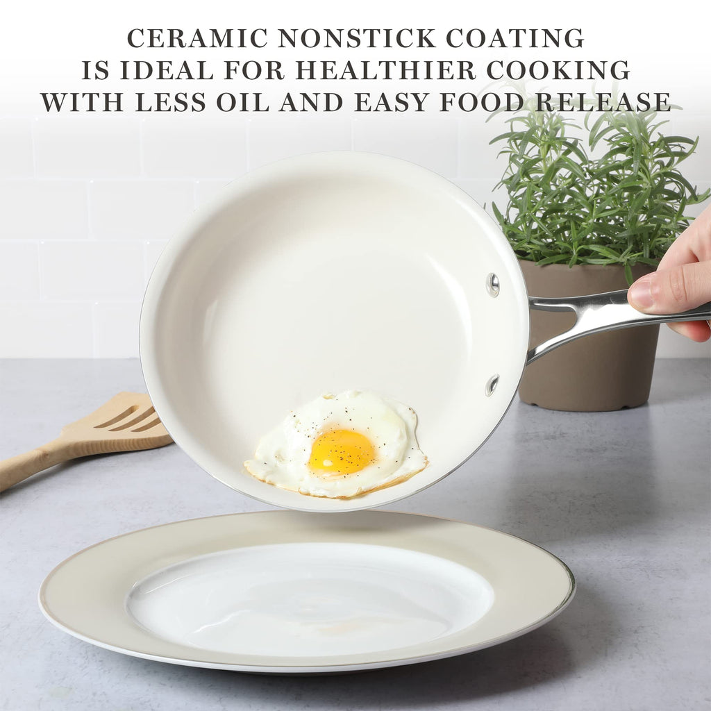 Martha Stewart Lockton Premium Nonstick PFA Free Ceramic Interior 10 Piece Enamel Heavy Gauge Aluminum Pots and Pans Cookware Set - Butter Cream