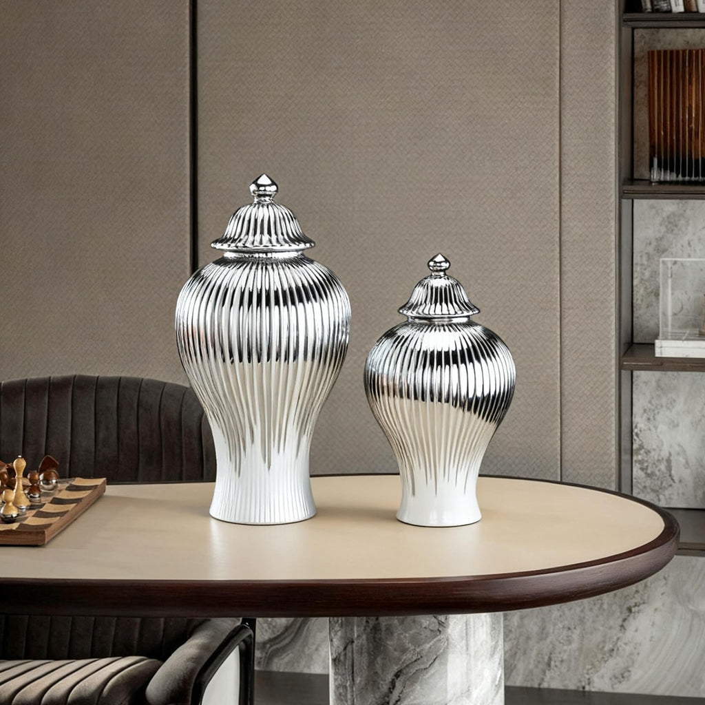 Ginger Jar, White Gold Ceramic Vase Large Handmade Porcelain Vases with Lid, White Gold Decorative Flower Vase for Home, Living Room, Weddings, Centerpieces (18in with Lid)