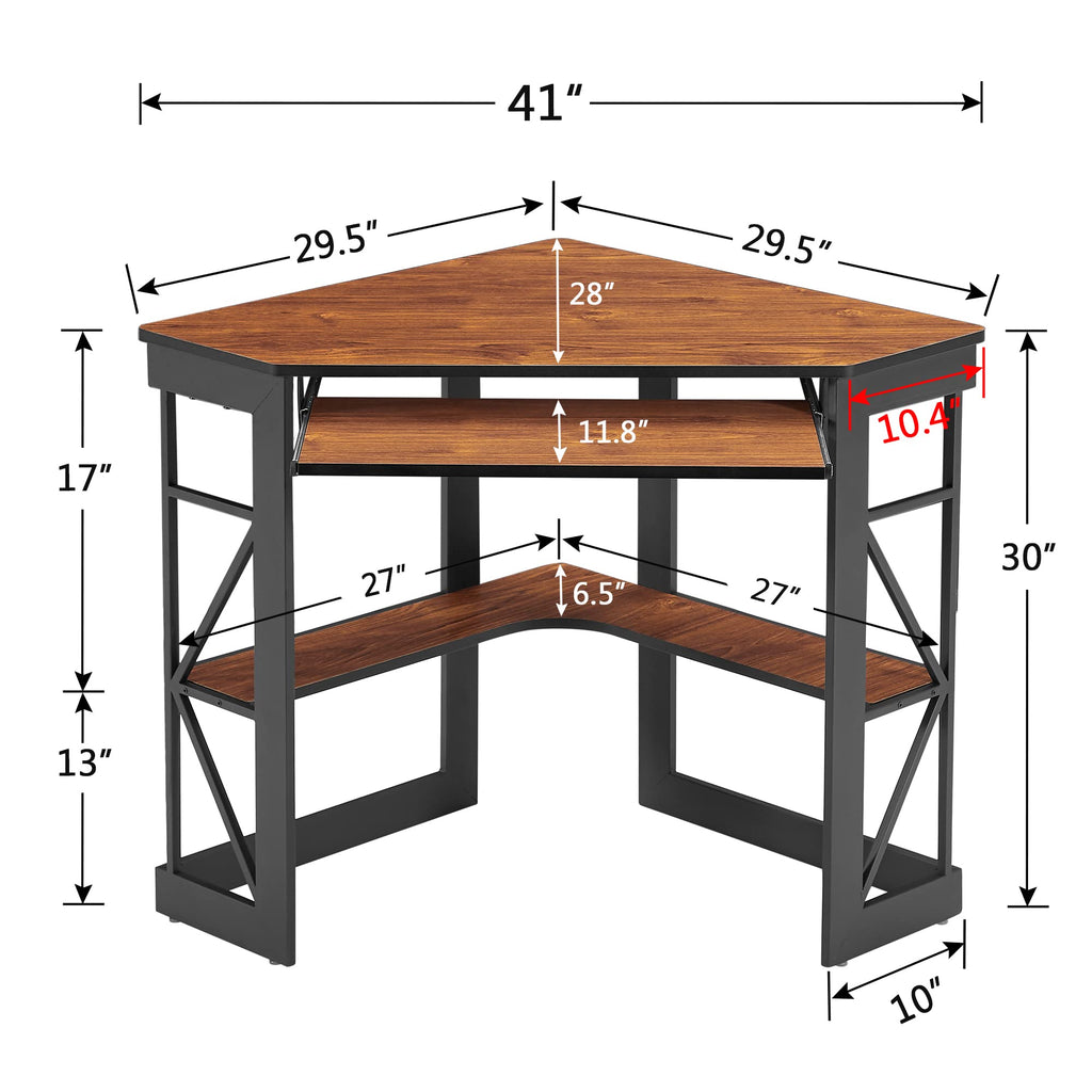 VECELO Corner Desk Computer Desk Writing Table with Smooth Keyboard Tray & Storage Shelves,Compact Home Office Triangle Table,Antique Brown