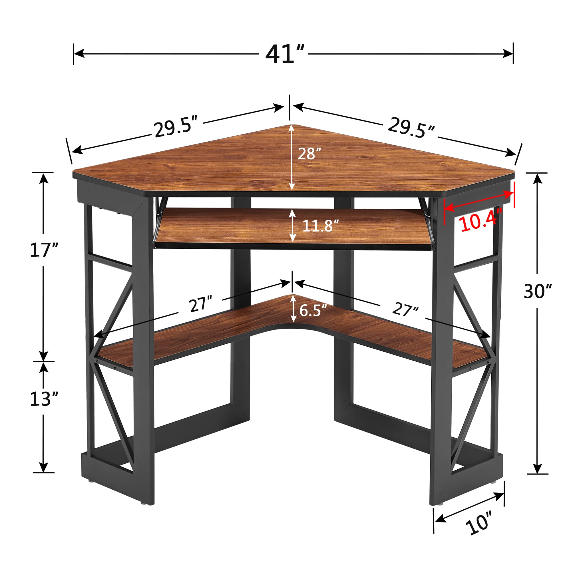 VECELO Corner Desk Computer Desk Writing Table with Smooth Keyboard Tray & Storage Shelves,Compact Home Office Triangle Table,Antique Brown