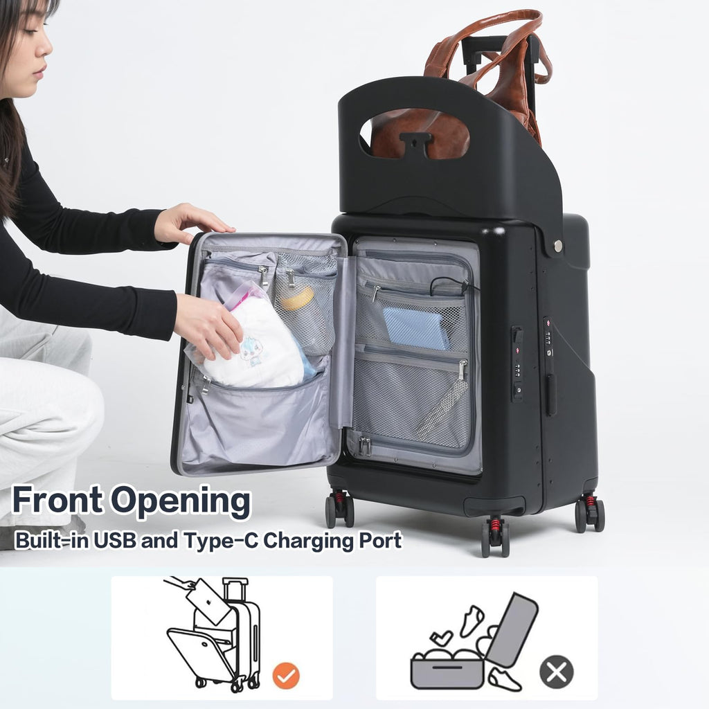 smilesun 20" Carry On Luggage with Seat For Kids & Adults，Hardside Ride On Suitcase Front Opening with 360°Spinner and TSA Lock For Travel (Black with Front Open, 20")