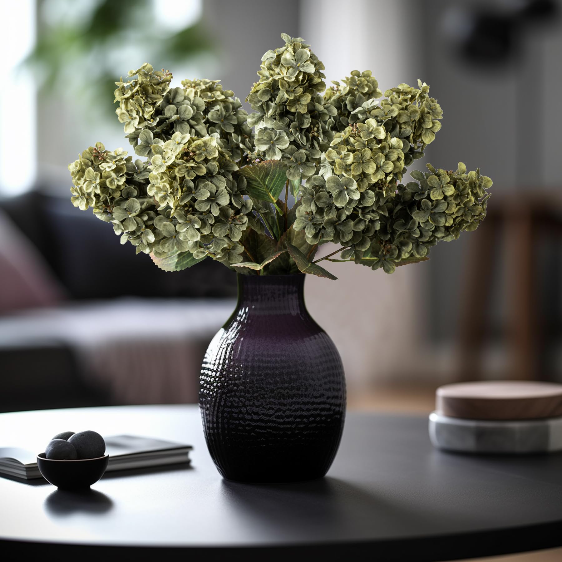 Ttranewsoo Hydrangea Artificial Flowers,Fall Hydrangeas Artificial Flowers,Blue Fake Fall Dried Hydrangea Flowers Decoration,Faux Silk Flower with Stems Winter Decor(Blue 24" 8pcs) Without Vase