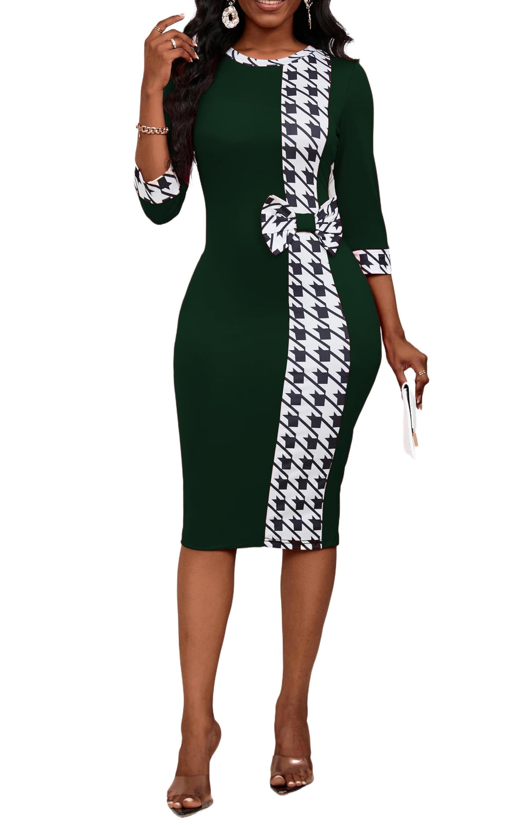 PerZeal Women's 3/4 Sleeve Round Neck Casual Houndstooth Bodycon Wear to Work Pencil Sheath Midi Dresses