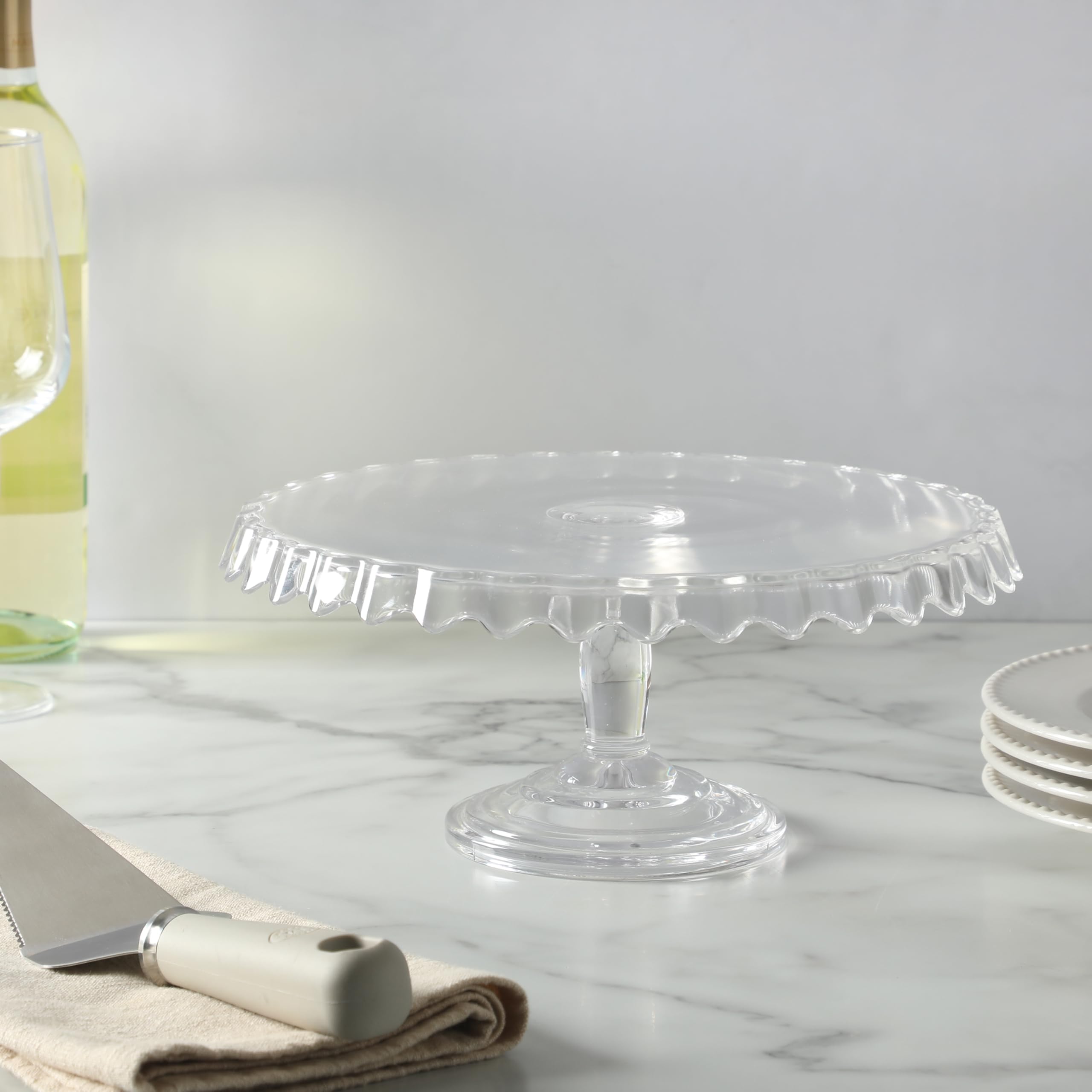 Martha Stewart Watercrest Glass Cake Stand, 10.2 Inch Footed Pedestal Cake Plate with Scalloped Ruffled Edge, Clear Handmade Glassware for Weddings, Parties, and Dessert Display