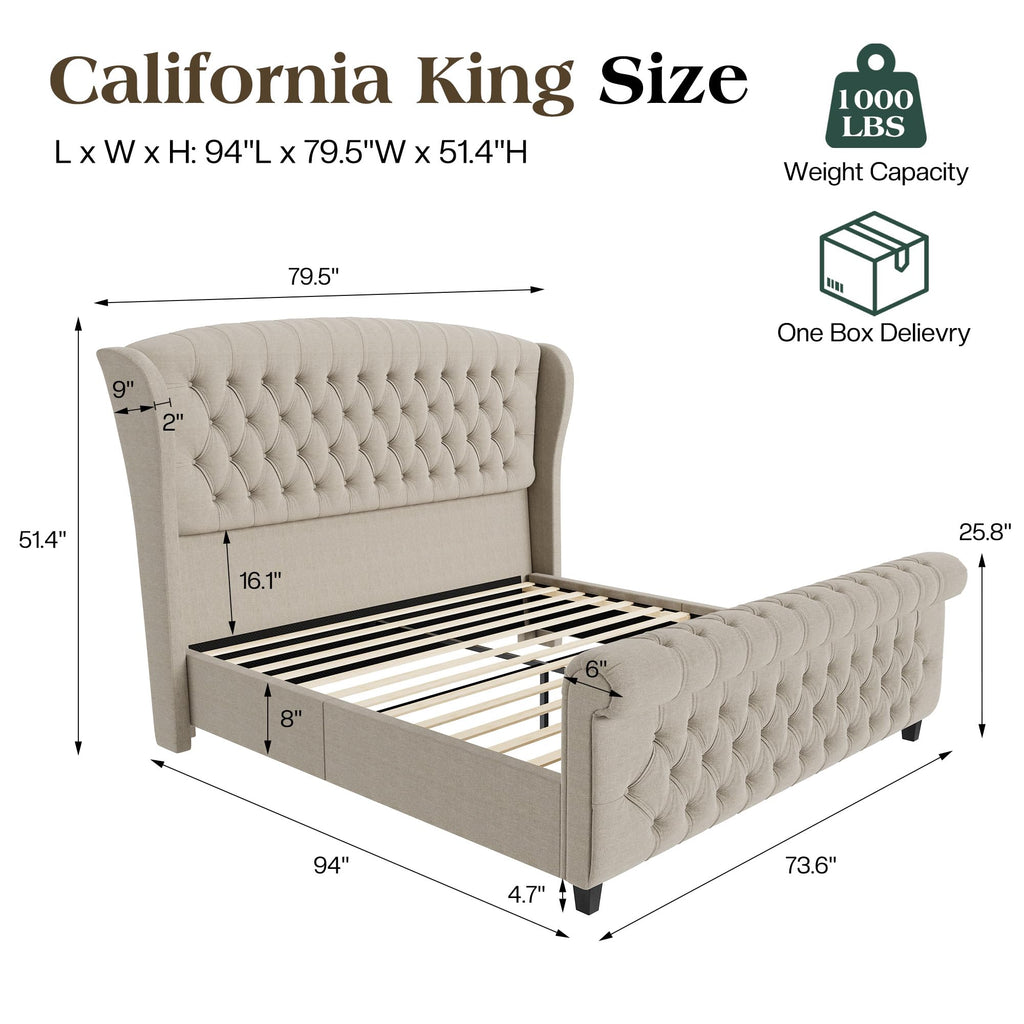 LUXOAK Queen Size Platform Bed Frame, Velvet Upholstered Sleigh Bed with Curved Headboard & Footboard, Deep Button Tufted, Wood Slats Support, No Box Spring Needed, Black